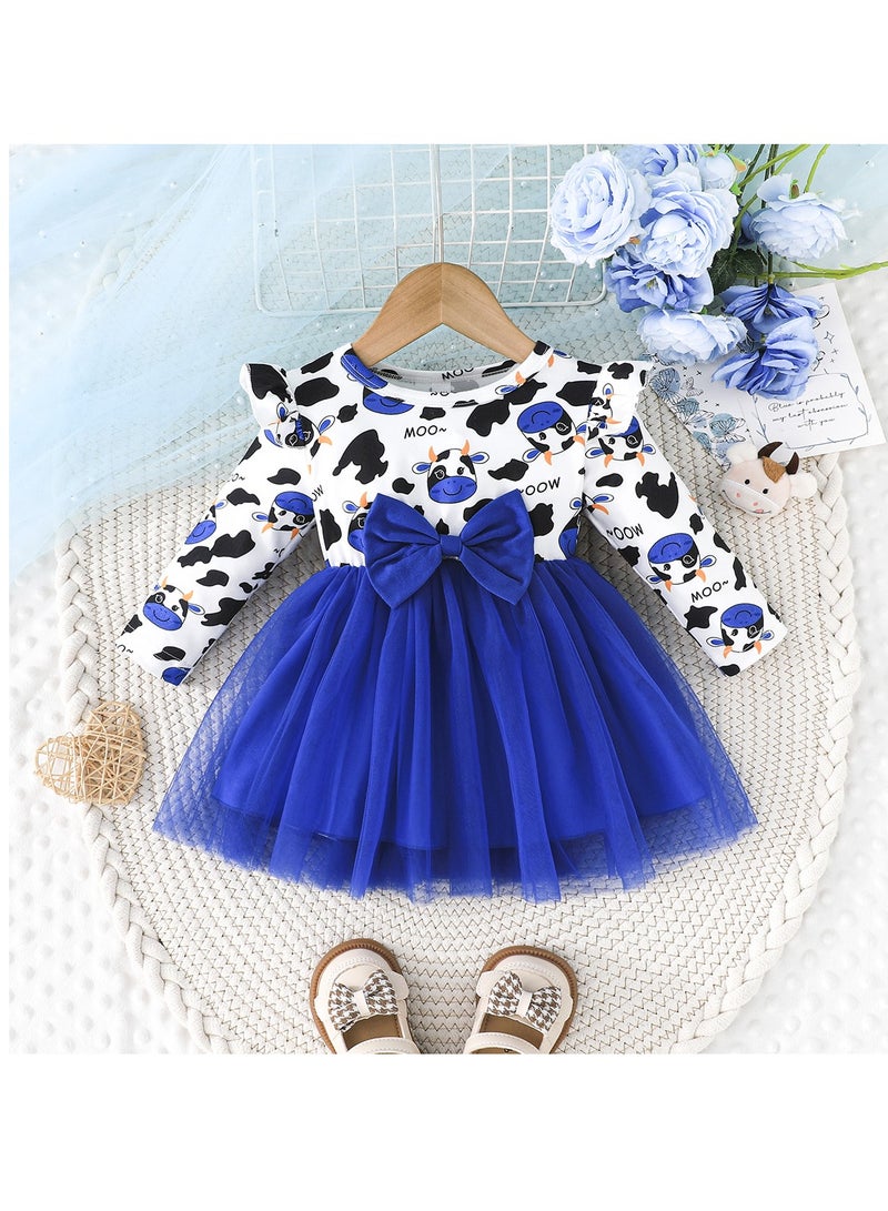 Baby Girl Birthday Party Dress, 18-24 Months, Cartoon Cow Print Top with Blue Tulle Skirt and Big Bow, Special Occasion and Casual Toddler Outfit, Cute Long Sleeve Infant Dress - Image 1