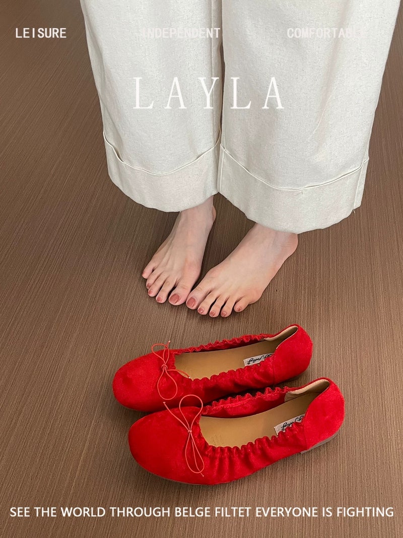 Women's Soft Sole Ballet Flats with Bow - 2026 Spring Autumn New Arrival Suede Round Toe Elegant Versatile Shoes