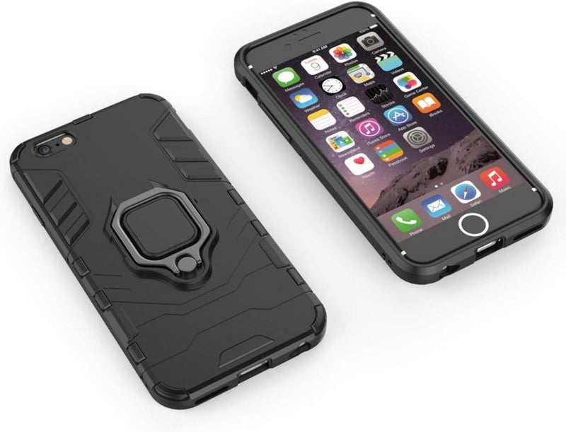 مايجين جراب متوافق مع هاتف Iphone6+ و6S+، مزود بمقبض حلقي معدني ومقبض مضاد للصدمات ومتين يعمل مع حامل مغناطيسي للسيارة، غطاء متين مزدوج الطبقات لهاتف Apple Iphone 6 Plus و6S Plus باللون الأسود - Image 3