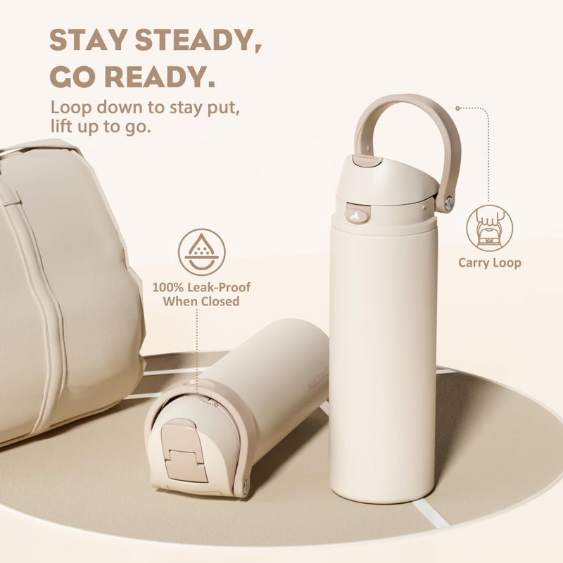Powcan 24 Oz Insulated Water Bottle: 2-In-1 Push-Button Spout & Quick-Flip Straw  Leakproof  Cold 24Hrs  Fits Car Cup Holder  Stainless Steel Water Bottle For Sports  Travel  School  Gift (Oat Mousse) - Image 4