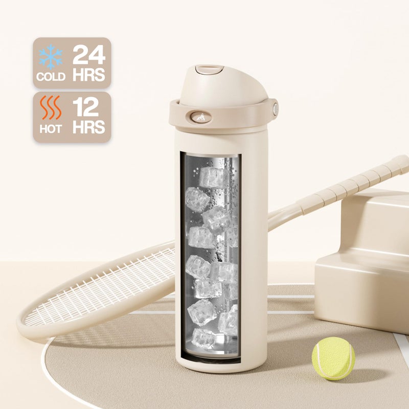 Powcan 24 Oz Insulated Water Bottle: 2-In-1 Push-Button Spout & Quick-Flip Straw  Leakproof  Cold 24Hrs  Fits Car Cup Holder  Stainless Steel Water Bottle For Sports  Travel  School  Gift (Oat Mousse) - Image 3