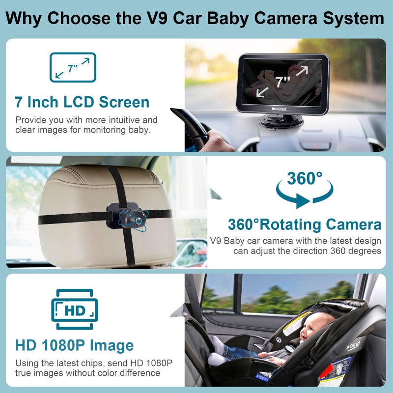 DoHonest كاميرا سيارة للأطفال DoHonest 7 إنش: توصيل USB وتشغيل سهل إعداد كاميرا خلفية دوارة 360 درجة للأطفال HD 1080P رؤية ليلية واضحة - V9 أسود - Image 2