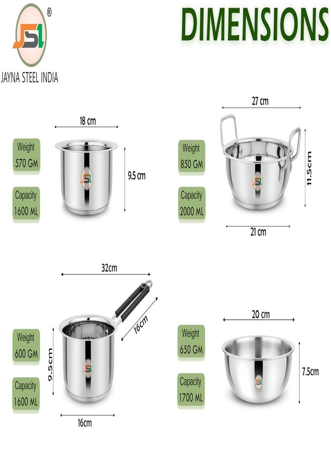 JSI Stainless Steel Triply Base Kadhai Tasla Saucepan Tope Cookware Set of 4 Pieces, Silver (2000ml, 1500ml, 1600ml & 1600ml) Highly Durable Induction Bottom Cookware for Kitchen - Food Safe - Image 4
