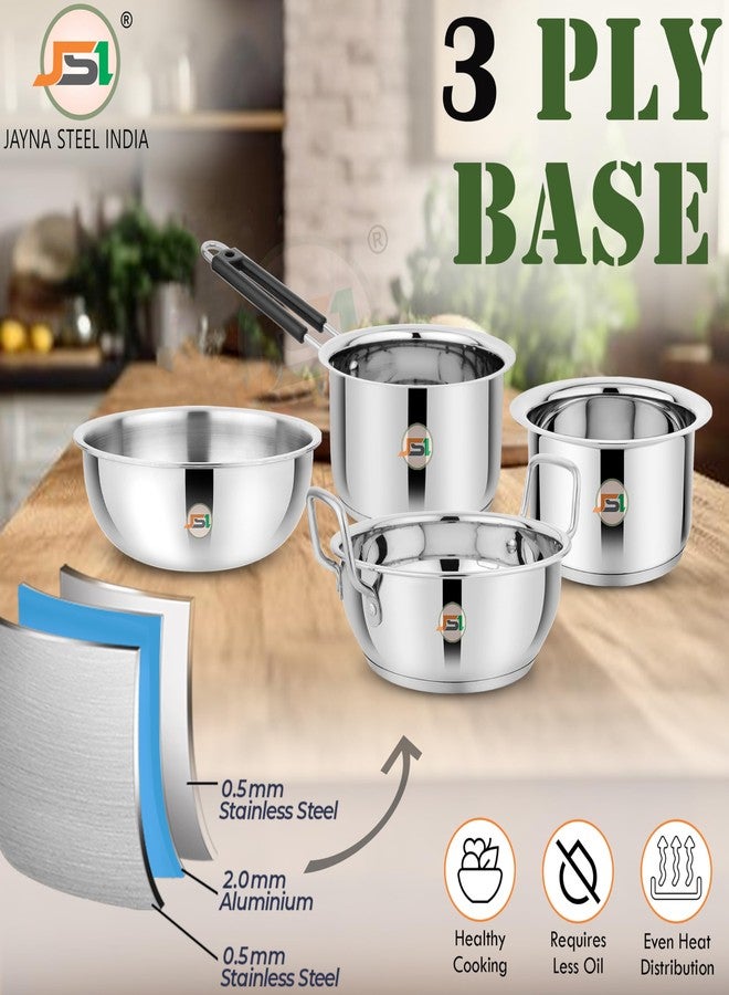 JSI Stainless Steel Triply Base Kadhai Tasla Saucepan Tope Cookware Set of 4 Pieces, Silver (2000ml, 1500ml, 1600ml & 1600ml) Highly Durable Induction Bottom Cookware for Kitchen - Food Safe - Image 5