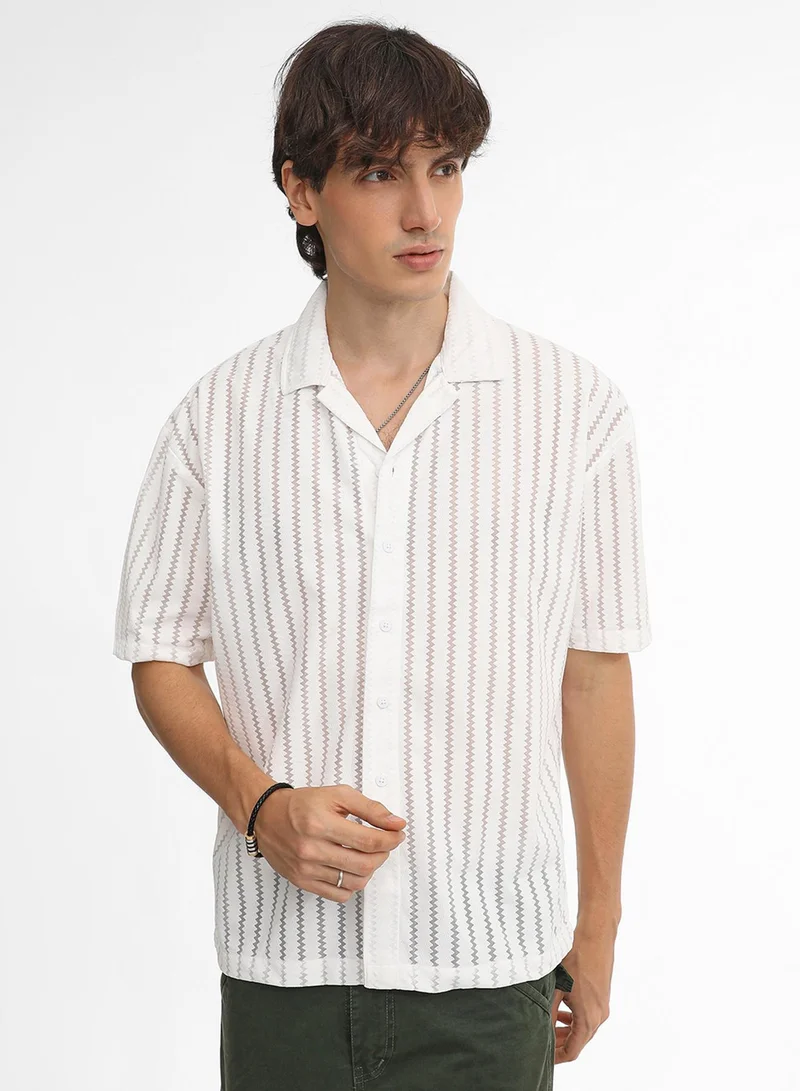 Men's Cream White Zig-Zag Sheer Shirt For Casual Wear | Cuban Collar | Short Sleeve | Button Closure | Oversized Shirt Crafted With Comfort Fit For Everyday Wear