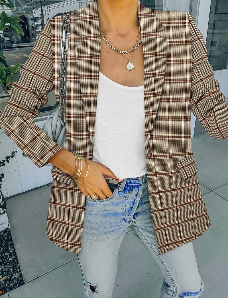 CRAZY GRID Women Work Casual Blazer Jacket Professional Business Blazer with Lined Ladies Buttons Long Sleeve Fashion Suit Jacket S Brown Plaid - Image 4