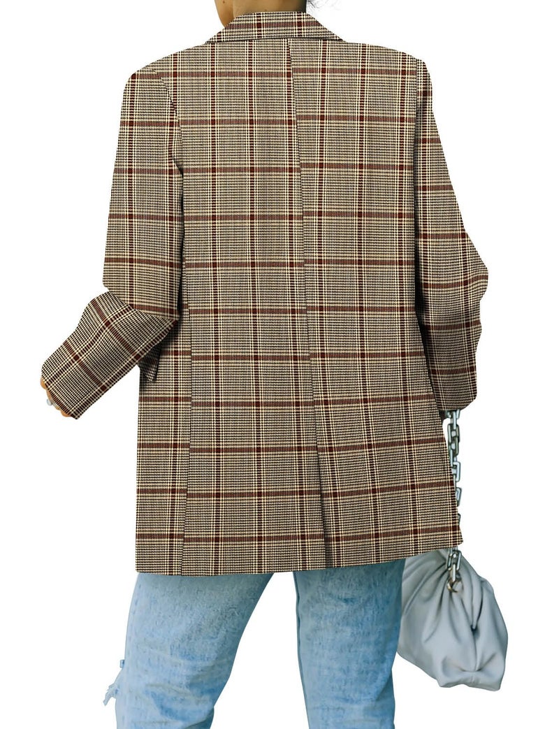 CRAZY GRID Women Work Casual Blazer Jacket Professional Business Blazer with Lined Ladies Buttons Long Sleeve Fashion Suit Jacket S Brown Plaid - Image 3