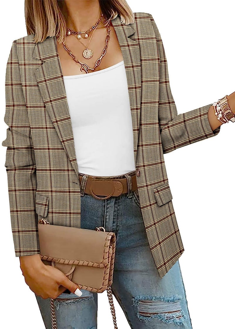 CRAZY GRID Women Work Casual Blazer Jacket Professional Business Blazer with Lined Ladies Buttons Long Sleeve Fashion Suit Jacket S Brown Plaid - Image 2