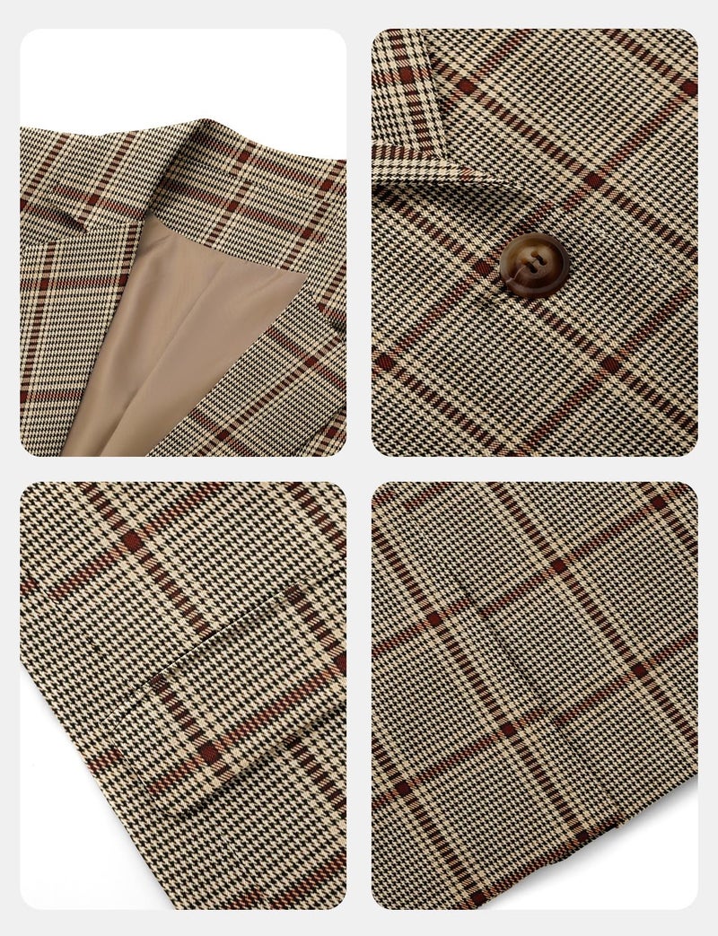 CRAZY GRID Women Work Casual Blazer Jacket Professional Business Blazer with Lined Ladies Buttons Long Sleeve Fashion Suit Jacket S Brown Plaid - Image 5