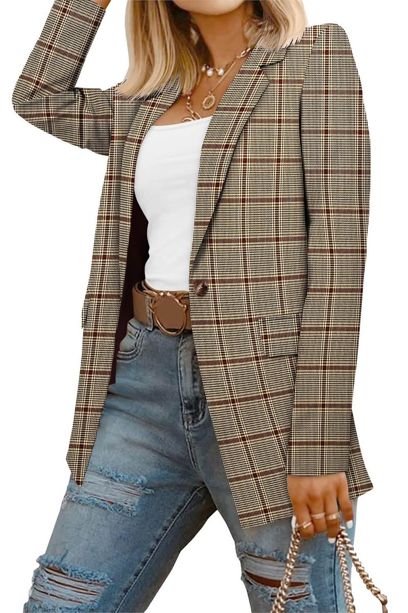 CRAZY GRID Women Work Casual Blazer Jacket Professional Business Blazer with Lined Ladies Buttons Long Sleeve Fashion Suit Jacket S Brown Plaid - Image 1