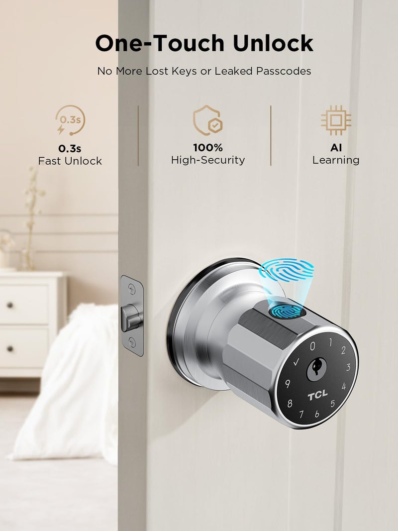 TCL K1 Smart Door Knob, Keyless Entry Fingerprint Door Knob, Biometric Smart Lock for Bedroom, Nurseries, Airbnb & Rental Properties, Easy DIY Install (Brushed Nickel) - Image 2