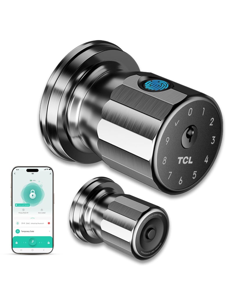TCL K1 Smart Door Knob, Keyless Entry Fingerprint Door Knob, Biometric Smart Lock for Bedroom, Nurseries, Airbnb & Rental Properties, Easy DIY Install (Brushed Nickel) - Image 1