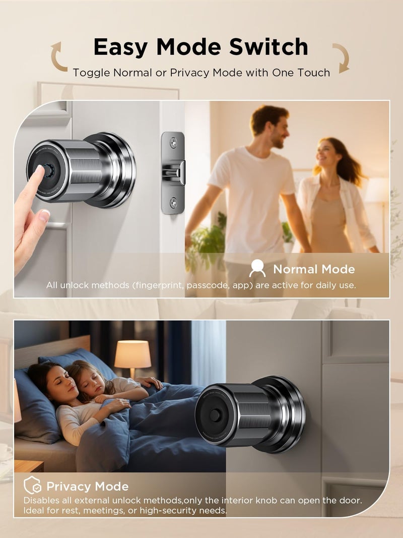 TCL K1 Smart Door Knob, Keyless Entry Fingerprint Door Knob, Biometric Smart Lock for Bedroom, Nurseries, Airbnb & Rental Properties, Easy DIY Install (Brushed Nickel) - Image 3