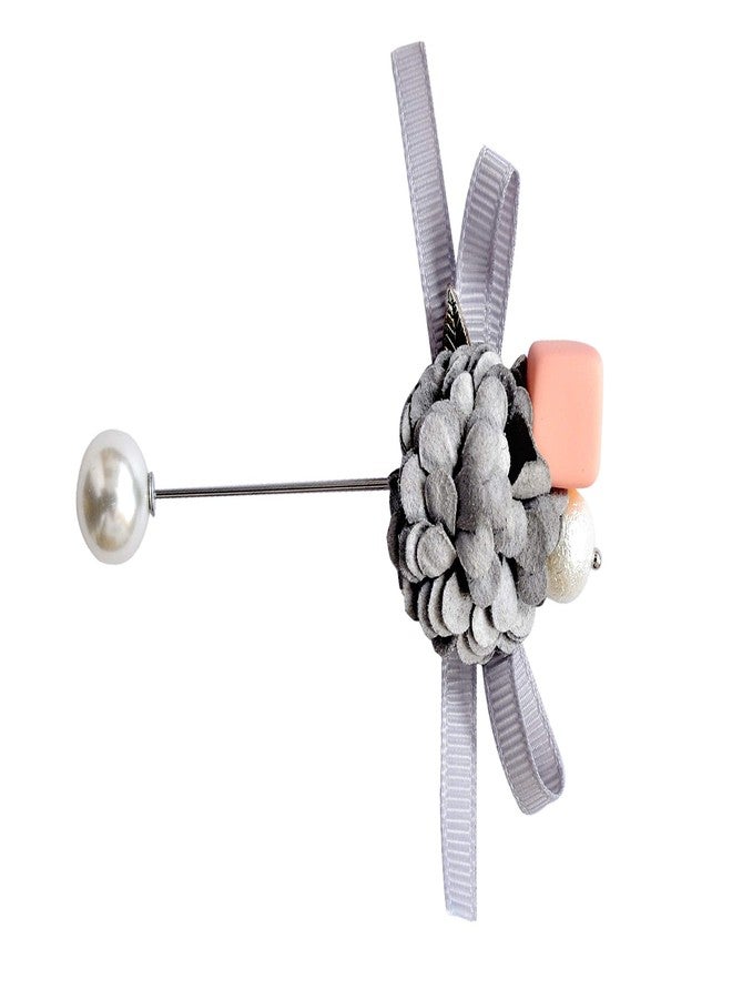 DeePerfetto Men's Suede Grey Flower Lapel Pin - Image 3