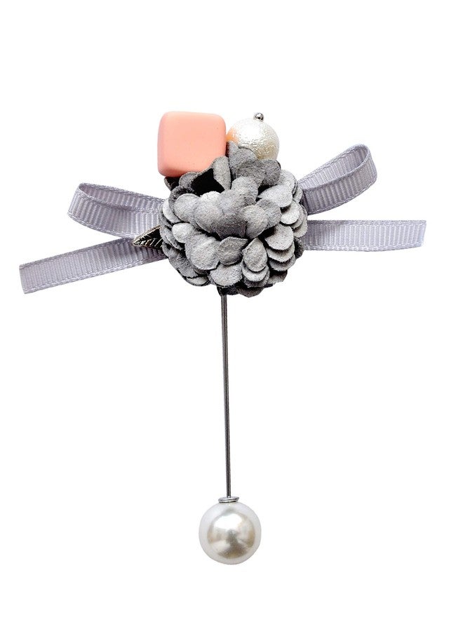 DeePerfetto Men's Suede Grey Flower Lapel Pin - Image 2