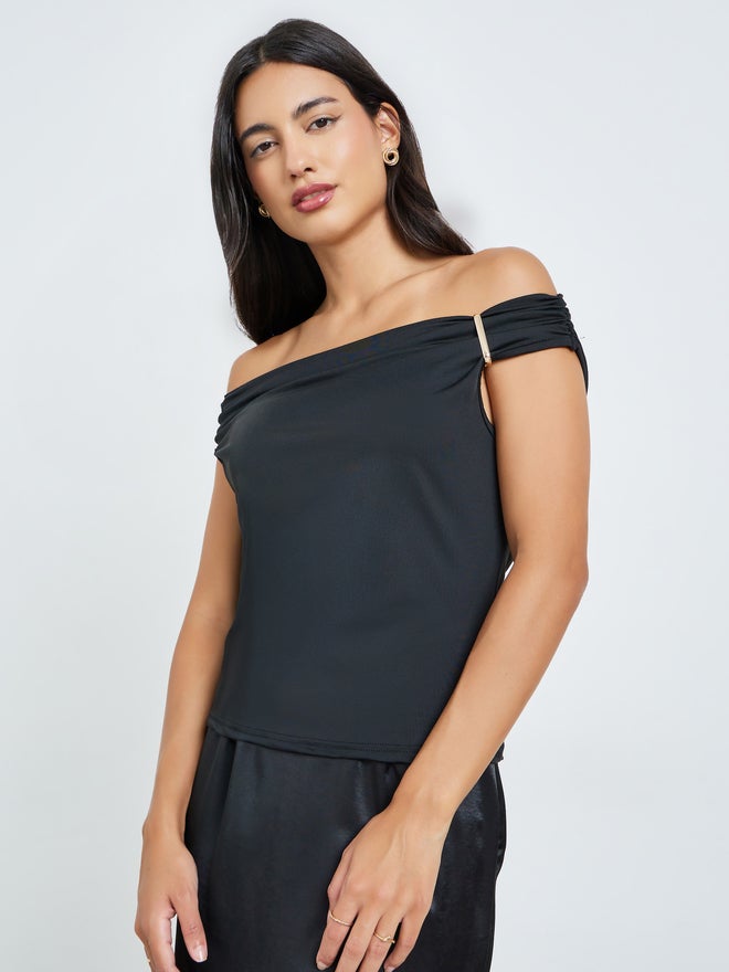 Styli Black Metallic Embellished Off-Shoulder Top - Image 1