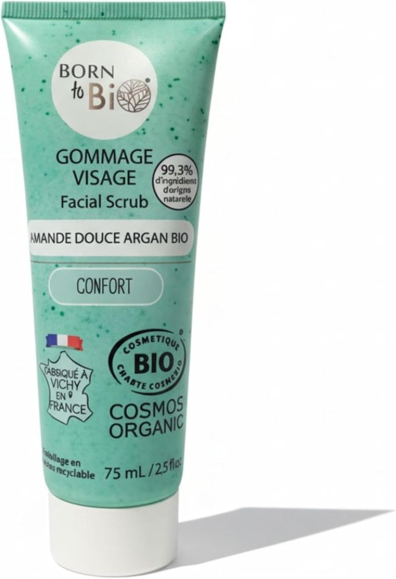 Organic Facial Scrub for Dry Skin, Sweet Almond & Argan Cream Exfoliator, Gentle Natural Face Scrub for Smooth Soft Skin, COSMOS Organic Certified, 75ml, Made in France - Image 1
