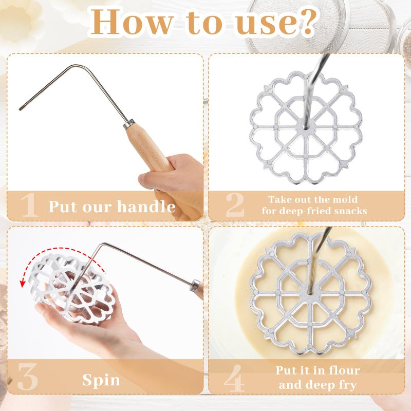 Ziliny 9 Pcs Rosettes Cooking Set Bunuelos Mold with Handle Rosette Iron Mold Mini Waffle Maker Baking Kit Funnel Cake Maker Achappam Mold with Traditional Waffle Iron for Chef Cooking Housewares Gift - Image 4