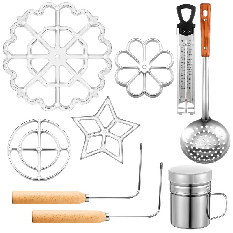 Ziliny 9 Pcs Rosettes Cooking Set Bunuelos Mold with Handle Rosette Iron Mold Mini Waffle Maker Baking Kit Funnel Cake Maker Achappam Mold with Traditional Waffle Iron for Chef Cooking Housewares Gift - Image 1