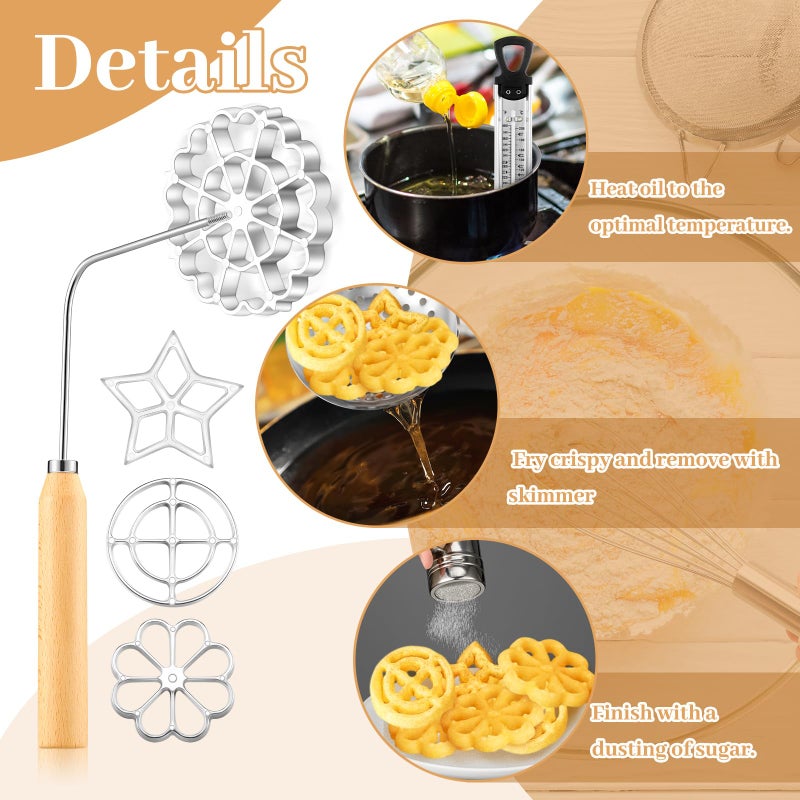 Ziliny 9 Pcs Rosettes Cooking Set Bunuelos Mold with Handle Rosette Iron Mold Mini Waffle Maker Baking Kit Funnel Cake Maker Achappam Mold with Traditional Waffle Iron for Chef Cooking Housewares Gift - Image 3