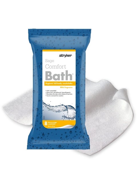 Stryker - Sage Comfort Bath Cleansing Washcloths - 1 Package, 8 Cloths - Fresh Scent, No-Rinse Bathing Wipes, Ultra-Soft and Heavy Weight Cloth, Hypoallergenic