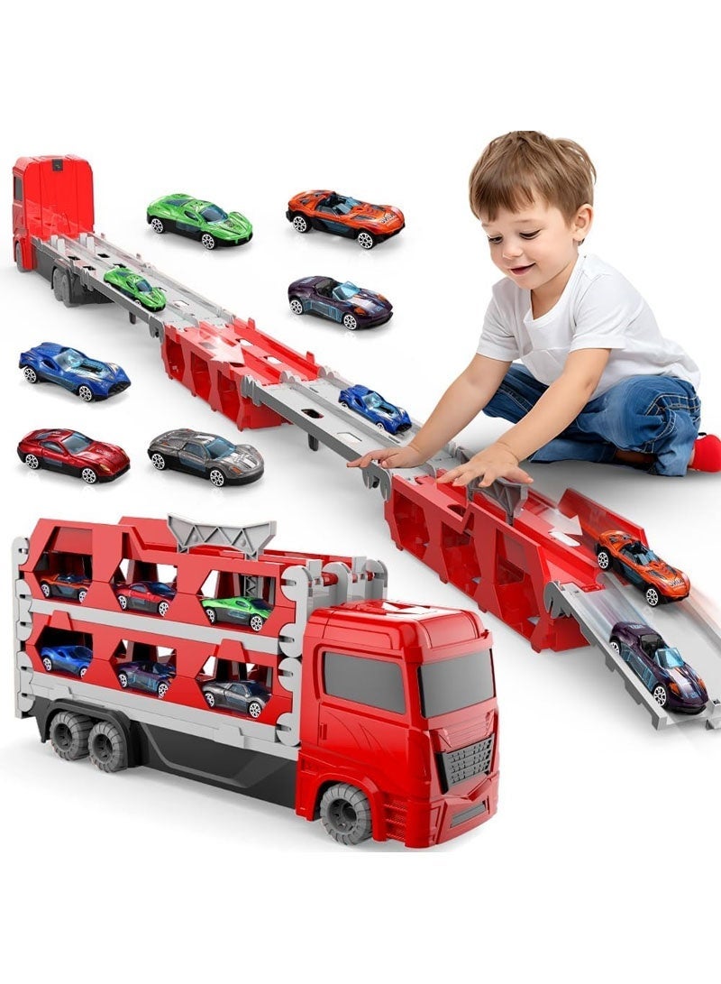 GZYIZHOU Toy Truck Transport Set with Ejection Race Track, Track Truck With 6 Pcs Cars, Deform Catapulting and Folding Storage Car, 1.64 M Toys Car Track for Kids Age 3+ Years Old(Red) - Image 1