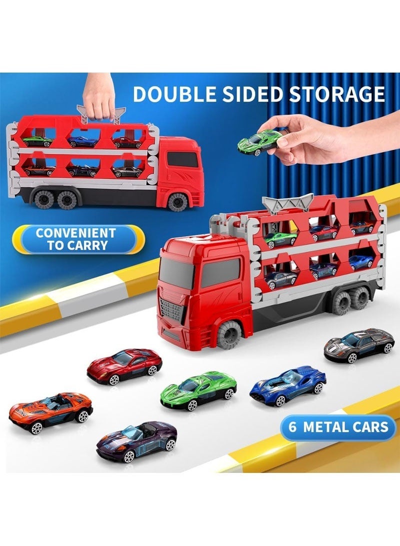 GZYIZHOU Toy Truck Transport Set with Ejection Race Track, Track Truck With 6 Pcs Cars, Deform Catapulting and Folding Storage Car, 1.64 M Toys Car Track for Kids Age 3+ Years Old(Red) - Image 5