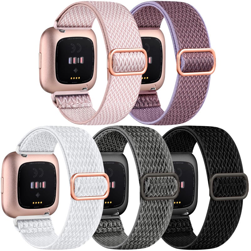 DaQin Elastic Sport Nylon Band Compatible with Fitbit Versa 2 Watch Bands Women Men, 5 Pack Adjustable Stretchy Solo Loop Wristband for Versa/Versa Lite/SE/Fitbit Versa 2 Bands Women of Smartwatch - Image 1