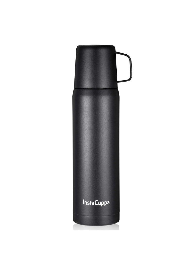 InstaCuppa - InstaCuppa Insulated Flask with Stainless Steel Mug and Twist Pour Stopper Screw Lid, Double Walled Vacuum Insulated Beverage Bottle, Premium Matte Finishing, 1000 ML, Black - Image 1