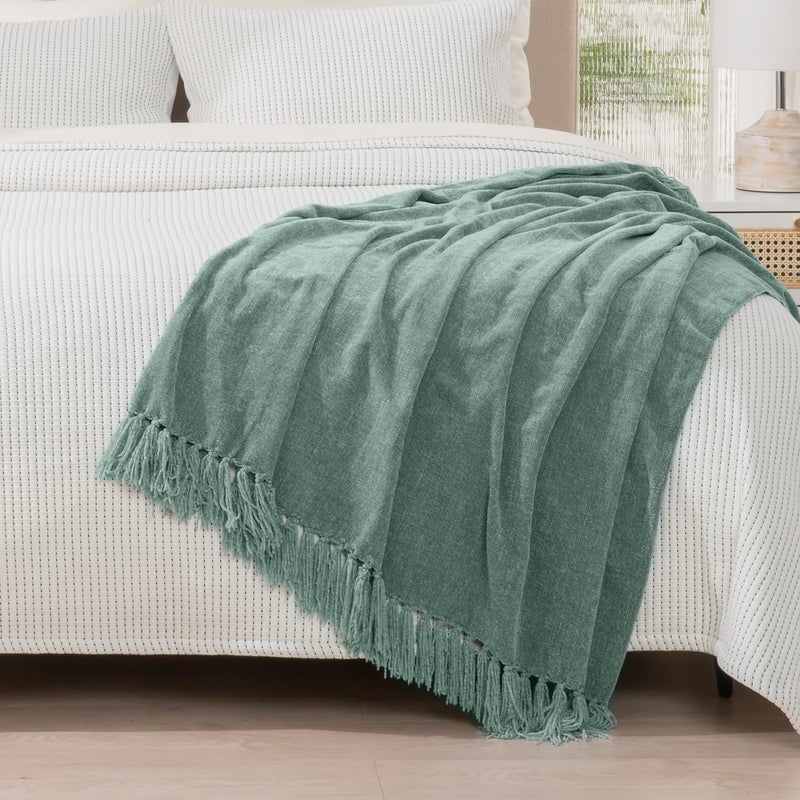 RECYCO Throw Blanket Soft Cozy Chenille Throw Blanket with Fringe Tassel for Couch Sofa Chair Bed Living Room Gift (Sage, 50'' x 60'') - Image 5