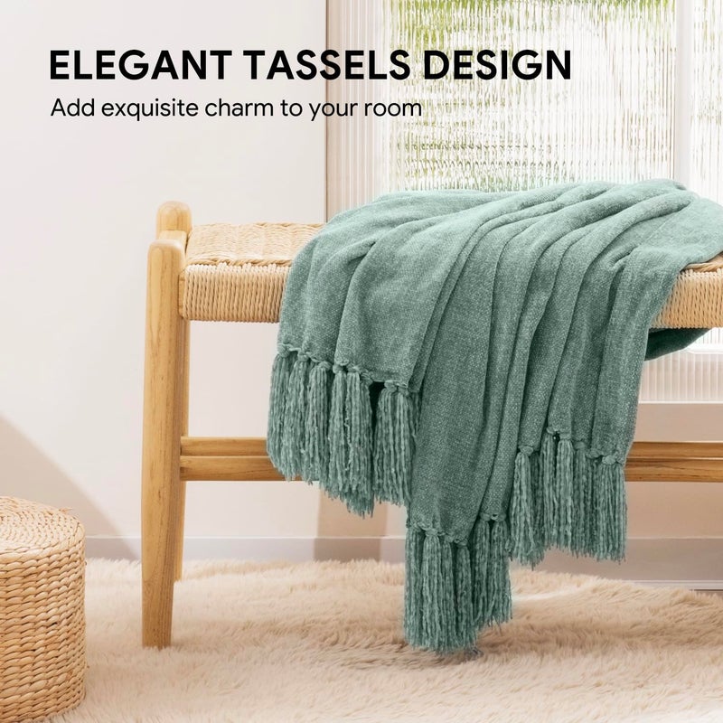 RECYCO Throw Blanket Soft Cozy Chenille Throw Blanket with Fringe Tassel for Couch Sofa Chair Bed Living Room Gift (Sage, 50'' x 60'') - Image 2