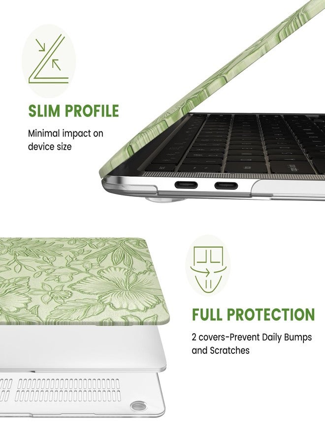 iCasso for MacBook Pro 13 inch Case M2 2024, 2023, 2022-2016 A2338 M1 A2251 A2289 A2159 A1989 A1708 A1706, Retro Leather Hard Shell Case+Keyboard Cover+Screen Protector, Green Embossed Floral - Image 4