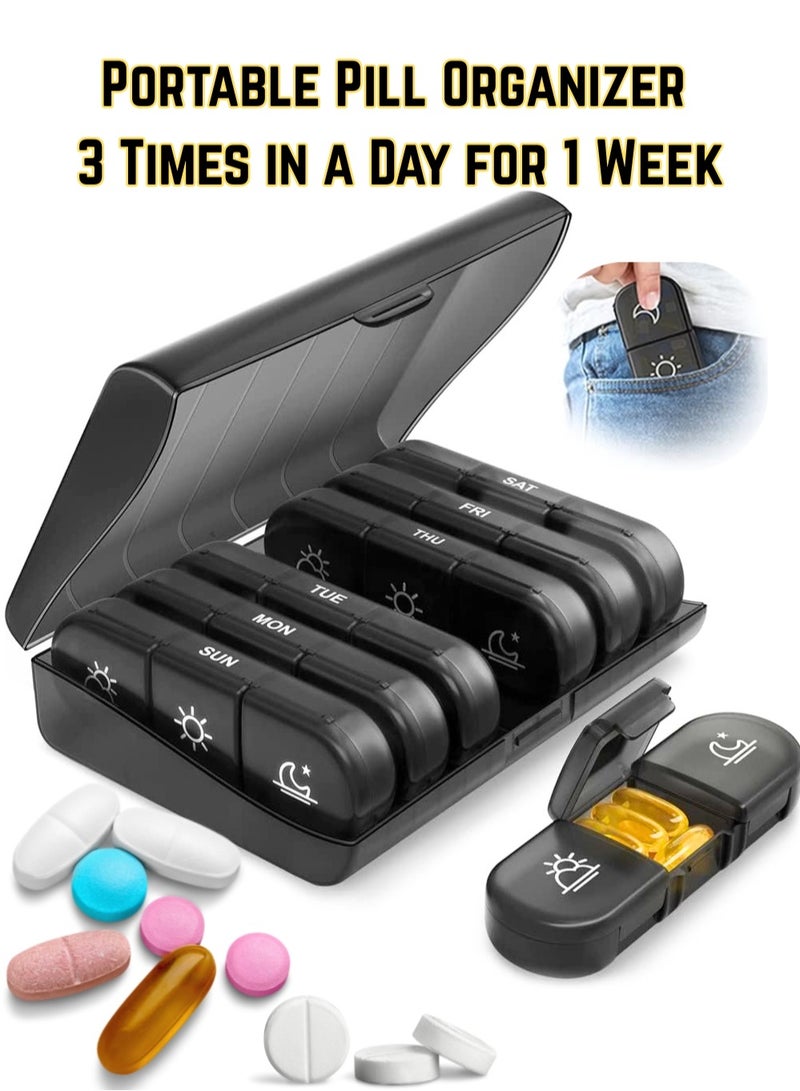 ZedAura Portable Pill Organizer 3 Times in Day for 1 Week - Light-Proof for Travel, Daily Use, Portable Pill Box - Case for Multi Vitamins, Pills, Medicine, Fish Oils, Supplements (Black) - Image 1