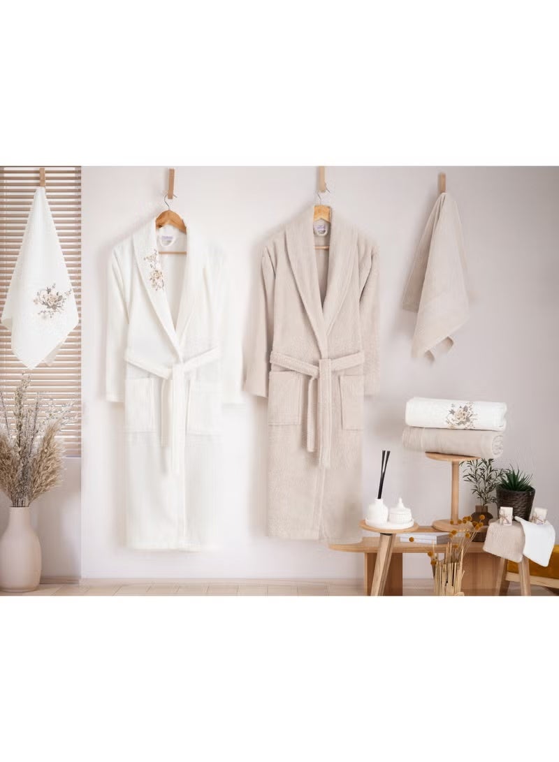 nurpak Luxury 10 Piece Couples Towel Gift Set 100% Turkish Cotton Bath/Hand Towels and Bathrobe Set Premium Family Bathrobes Fragranced Bridal Shower Newlyweds Gift Set Off White/Beige - Image 2
