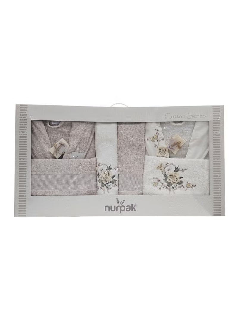 nurpak Luxury 10 Piece Couples Towel Gift Set 100% Turkish Cotton Bath/Hand Towels and Bathrobe Set Premium Family Bathrobes Fragranced Bridal Shower Newlyweds Gift Set Off White/Beige - Image 1