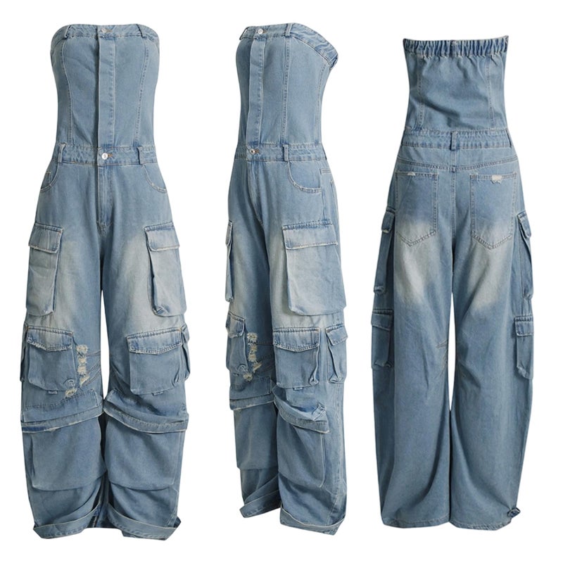 LKOUS Casual Cargo Denim Jumpsuit for Women, Elastic Stretch Multi Pockets Button Down Straight Leg Jeans Jumpsuits - Image 5