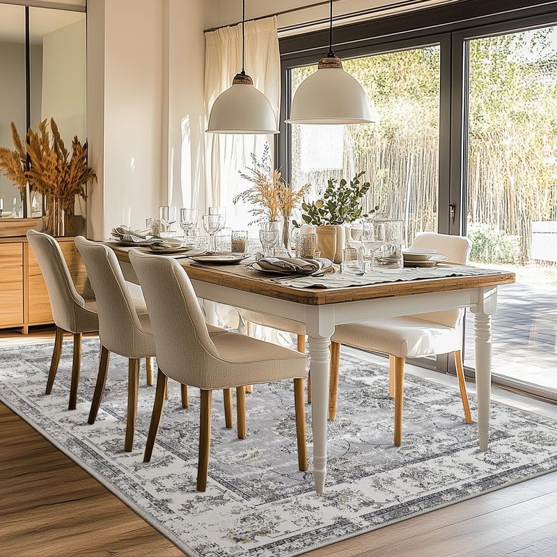 jinchan Area Rug 274x183CM Washable Boho Carpet Grey Floral Print Large Mat Indoor Soft Distressed Foldable Floor Cover Thin for Bedroom Living Room Dining Room Office - Image 4