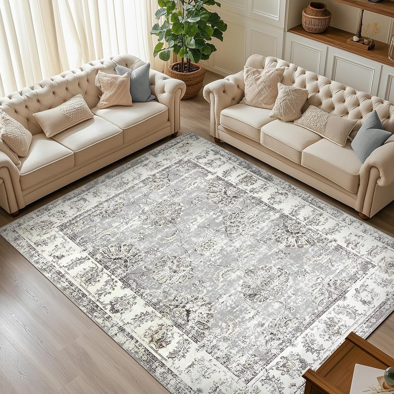jinchan Area Rug 274x183CM Washable Boho Carpet Grey Floral Print Large Mat Indoor Soft Distressed Foldable Floor Cover Thin for Bedroom Living Room Dining Room Office - Image 1