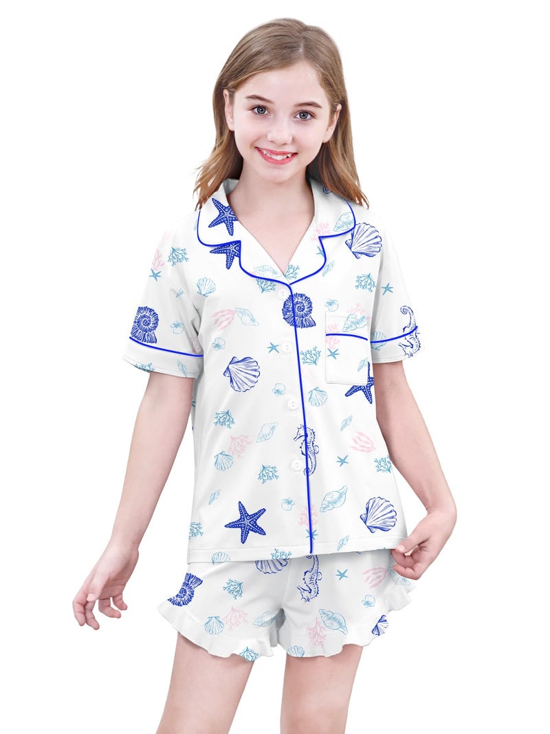 Umeyda Girls's Pajama Set Short Sleeve Button Down Pjs Set Sleepwear, Conches Shells, 9-10 Years - Image 2