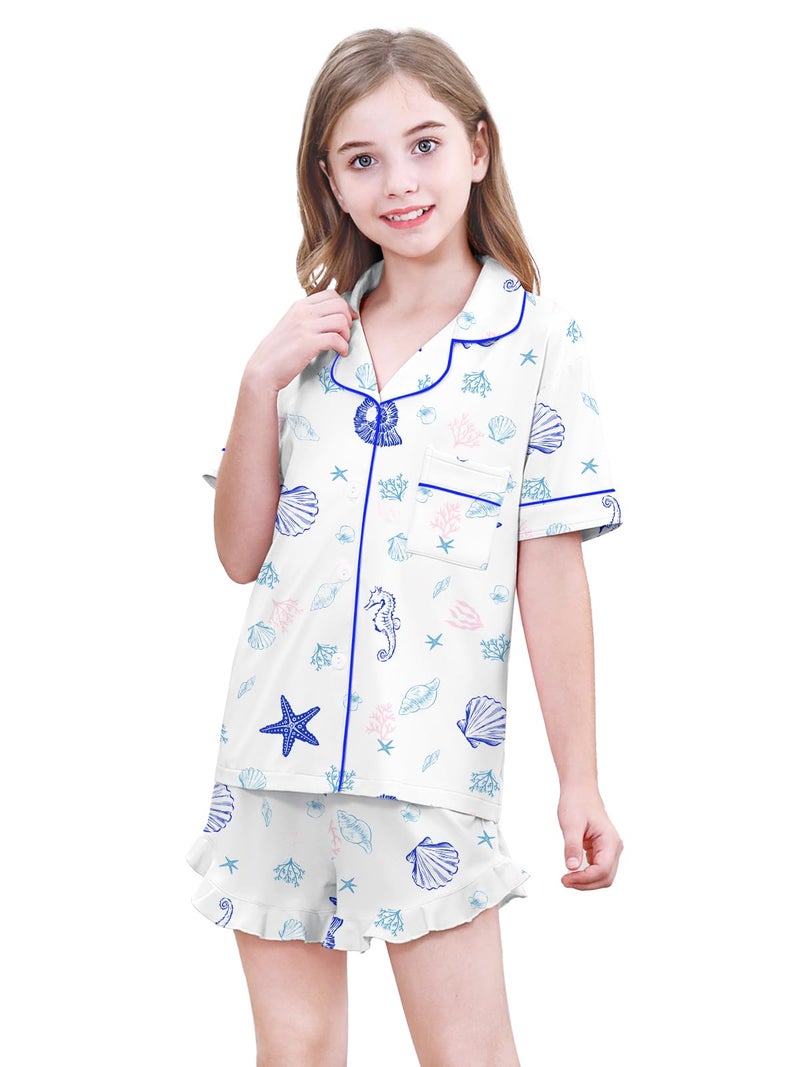 Umeyda Girls's Pajama Set Short Sleeve Button Down Pjs Set Sleepwear, Conches Shells, 9-10 Years - Image 4
