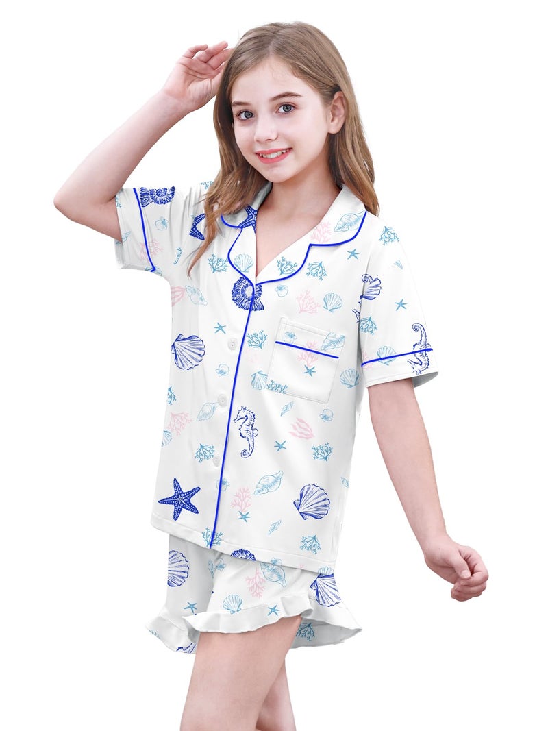 Umeyda Girls's Pajama Set Short Sleeve Button Down Pjs Set Sleepwear, Conches Shells, 9-10 Years - Image 3