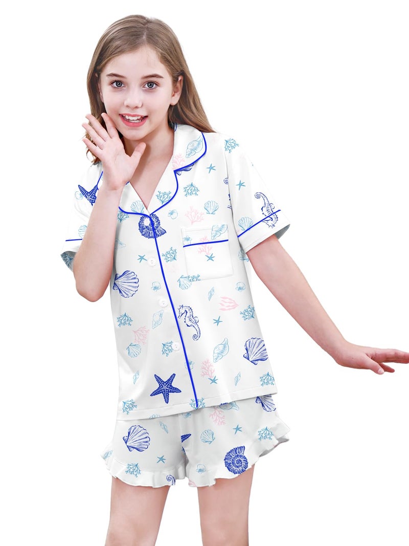 Umeyda Girls's Pajama Set Short Sleeve Button Down Pjs Set Sleepwear, Conches Shells, 9-10 Years - Image 5