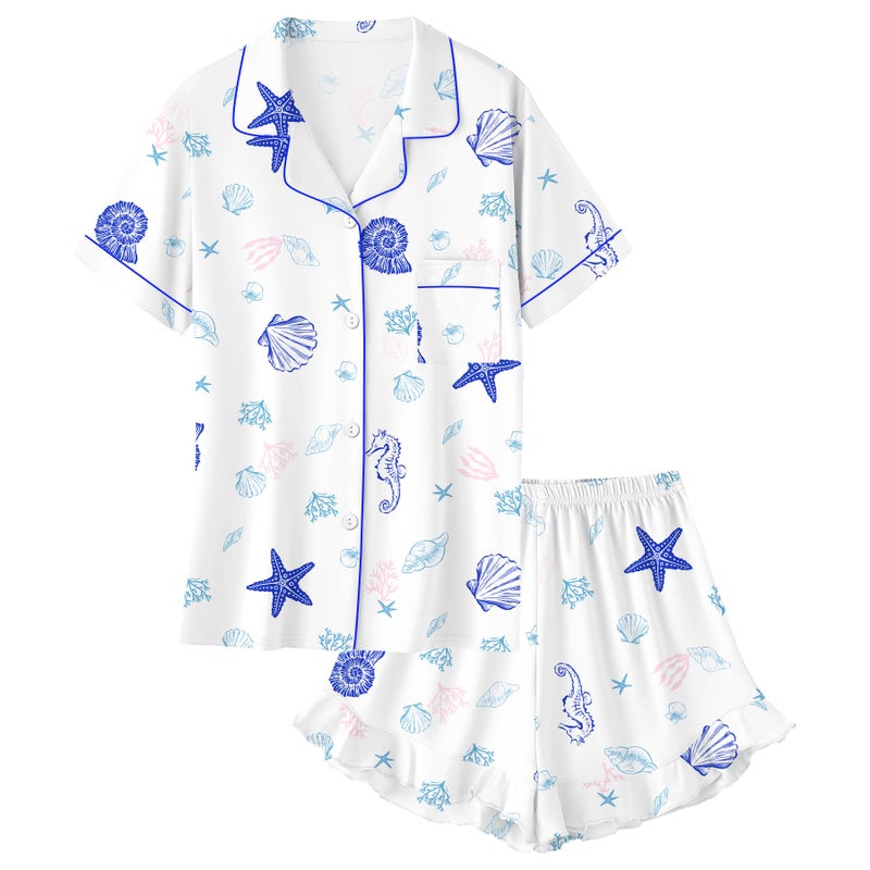 Umeyda Girls's Pajama Set Short Sleeve Button Down Pjs Set Sleepwear, Conches Shells, 9-10 Years - Image 1