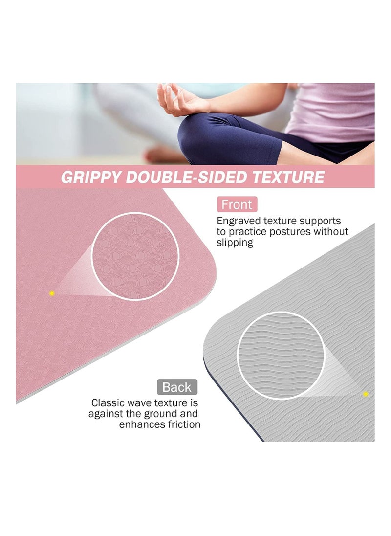 MahMir Yoga Mat Anti-Slip Exercise Mat With Carrying Bag Fitness Mat For Pilates 183Cm*61Cm*6Mm Thickness For Woman Man Beginners Pink + Light Grey  - Image 4