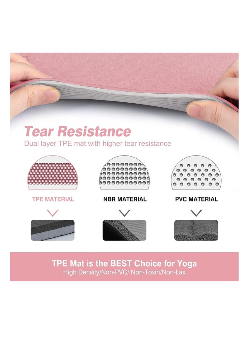 MahMir Yoga Mat Anti-Slip Exercise Mat With Carrying Bag Fitness Mat For Pilates 183Cm*61Cm*6Mm Thickness For Woman Man Beginners Pink + Light Grey  - Image 3