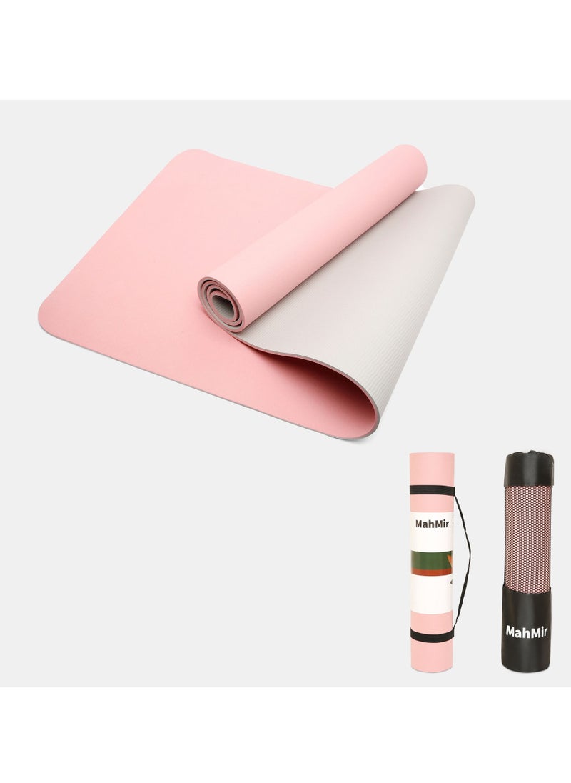 MahMir Yoga Mat Anti-Slip Exercise Mat With Carrying Bag Fitness Mat For Pilates 183Cm*61Cm*6Mm Thickness For Woman Man Beginners Pink + Light Grey  - Image 1