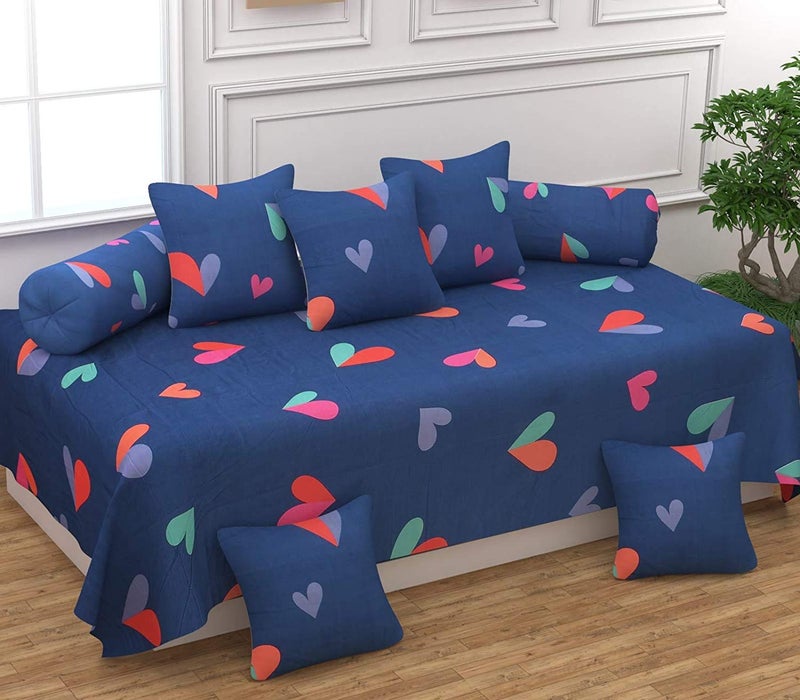 SpangleHomes Soft Glace Cotton Hearts Diwan Set of Bedsheet, 5 Cushion Covers and 2 Booster Covers (60 X 90 Inches, 16x 16 inches, Blue) - 8 Pcs Set - Image 1