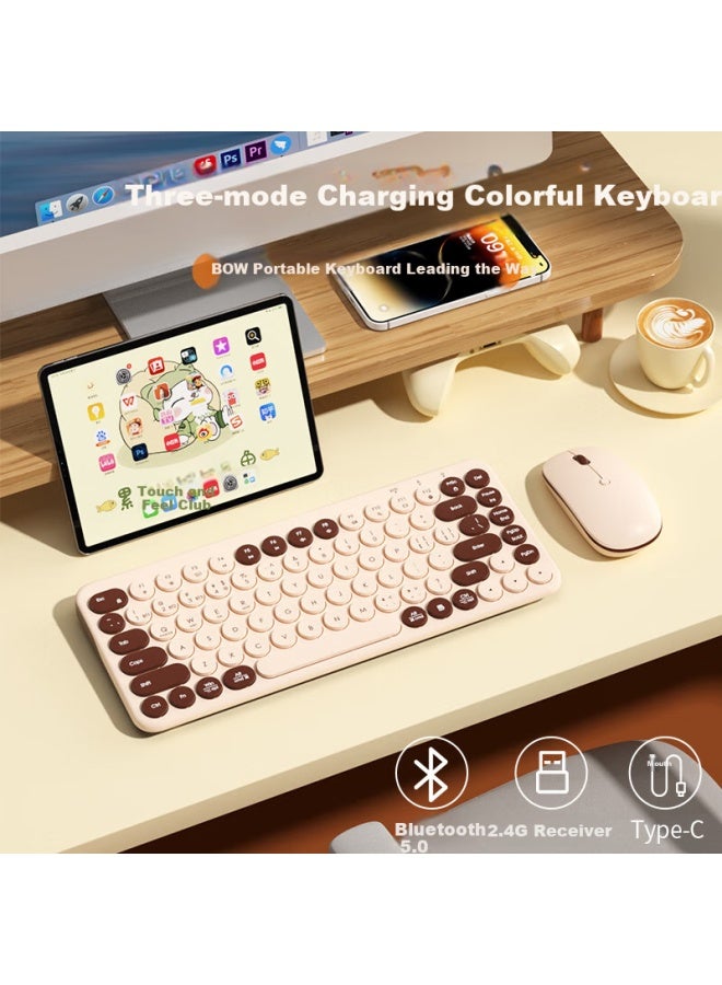 B.O.W Airworld Mk397Dl Wireless Bluetooth Dual-Mode Rechargeable Keyboard Mouse Combo Silent Thin Ipad Tablet Mobile Office Notebook Desktop Universal Milk Coffee Color - Image 1