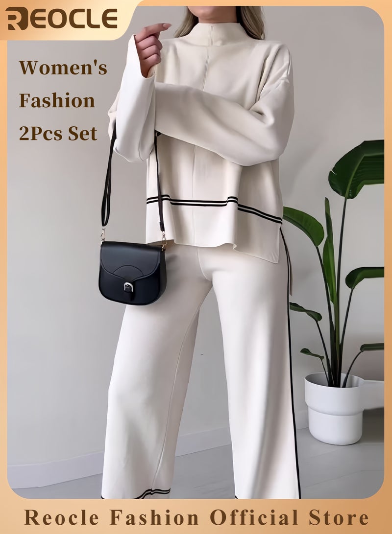 REOCLE Women's 2PCS Autumn Lounge Sets Long Sleeve Turtleneck Buttonless Knit Sweater Pullover Tops and Wide Leg Pants 2 Piece Outfits  - Image 1