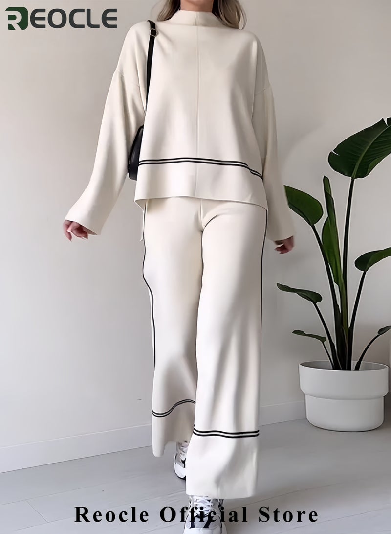 REOCLE Women's 2PCS Autumn Lounge Sets Long Sleeve Turtleneck Buttonless Knit Sweater Pullover Tops and Wide Leg Pants 2 Piece Outfits  - Image 2